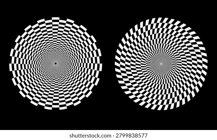 This image displays two striking circular optical illusions, both composed of swirling black and white checkerboard patterns inward. The circle on the left depicts a checkerboard tunnel expanding directly radially, while the circle on the right shows a similar pattern but with a more pronounced distortion, creating a sense of rotation and heightened depth. Both designs are set against a deep black background, enhancing the mesmerizing and hypnotic effect.