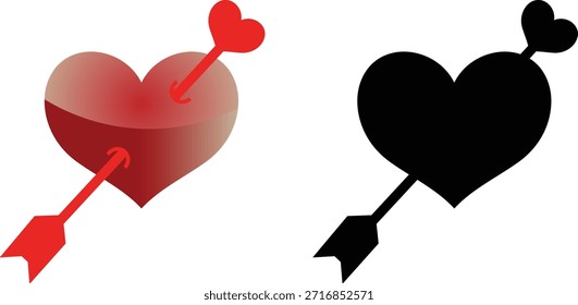 Esta Imagen muestra dos representaciones estilizadas de un corazón atravesado por una flecha sobre un fondo blanco. A la izquierda, un ícono de corazón rojo presenta un relleno degradado, en transición de rojo claro a un tono más oscuro, y es atravesado por una flecha roja brillante que tiene una forma de corazón Pequeño en su cola. A la derecha, se muestra una silueta negra sólida del mismo diseño de corazón y flecha. Los diseños contrastantes lo hacen adecuado para diversas aplicaciones relacionadas con el amor, el romance y el Día de San Valentín.