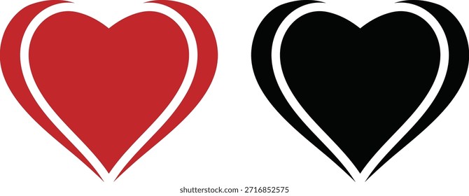 Esta Imagen muestra dos íconos estilizados del corazón uno al lado del otro sobre un fondo blanco liso. El corazón de la izquierda es de color rojo sólido, y el corazón de la derecha es de color negro sólido. Ambos corazones presentan un contorno interior blanco prominente que traza la forma, creando un efecto en capas. El marcado contraste entre los colores rojo y negro puede simbolizar la dualidad, representando diferentes aspectos de las emociones como la pasión y la tristeza, o los sentimientos positivos y negativos asociados con el amor.