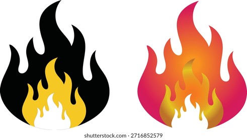 Esta imagem mostra duas ilustrações estilizadas de chamas contra um fundo branco limpo. À esquerda, um ícone de chama apresenta uma camada externa preta com um núcleo amarelo brilhante, criando um efeito visual forte e de alto contraste. À direita, um segundo ícone de chama mostra um gradiente vibrante de vermelho, laranja e amarelo, representando uma representação mais tradicional de fogo. Ambos os designs são simplistas e gráficos, adequados para uso como ícones, logotipos ou elementos de design.