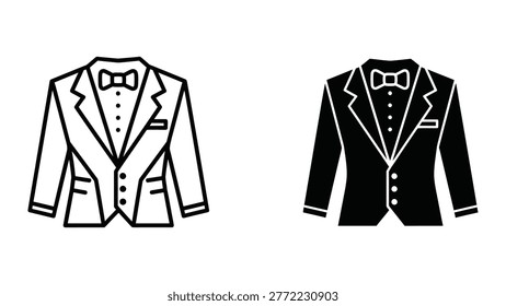 This image displays two stylized tuxedo suits facing each other. The suit on the left is depicted in white with black detailing, while the suit on the right is shown in black with white detailing. Both suits feature a bow tie, lapels, and multiple buttons, emphasizing formal wear and elegance.