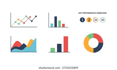 This image displays a variety of chart types commonly used for data analysis and visualization. It includes a line graph with multiple data series, a bar chart showing distinct values, a donut chart representing proportions, and an area chart illustrating trends over time. Additionally, there are circular indicators labeled with numbers, possibly representing key performance indicators or metrics.