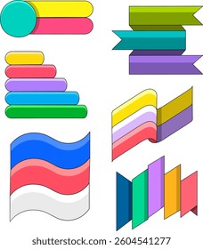 This image displays a variety of flat colorful ribbon banners in modern shapes such as flags, waves, and rounded bars, using vibrant pastel and bold color tones