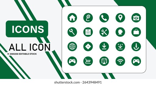This image displays a variety of green and white icons commonly used for web and mobile application interfaces.