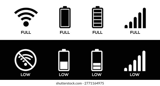 This image displays various icons representing Wi-Fi signal strength and battery charge levels, both full and low.