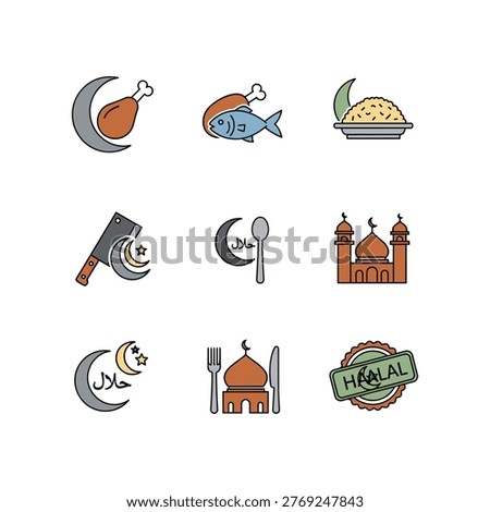 This image displays various icons related to Islamic dietary practices and cultural symbols. It includes illustrations of halal meat, fish, food dishes, a knife with a crescent moon, utensils, a mosque, and the halal certification stamp, all representing elements of Islamic culture and dietary guidelines.