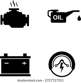 Dieses Bild zeigt verschiedene Fahrzeugwartungsanzeigen. Von links oben nach rechts unten enthält es eine Motorwarnleuchte, ein Symbol für eine Öldose, ein Symbol für eine Autobatterie und eine Warnleuchte für den Generator. Diese Symbole sind für die Überwachung der Gesundheit des Fahrzeugs und die Gewährleistung einer ordnungsgemäßen Wartung unerlässlich.