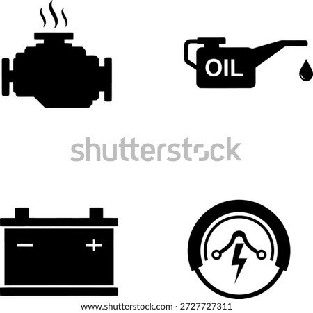 This image displays various vehicle maintenance indicators. From top left to bottom right, it includes an engine warning light, an oil can symbol, a car battery icon, and an alternator warning light. These symbols are essential for monitoring the vehicle's health and ensuring proper maintenance.