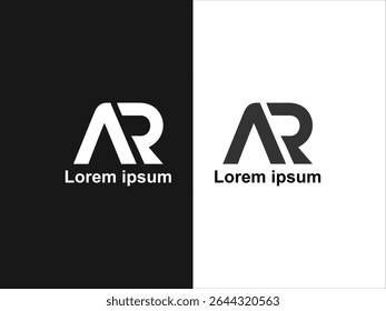 This image displays a vector logo design featuring the interlocking letters AR The logo is presented in two variations one with white letters on a black background a