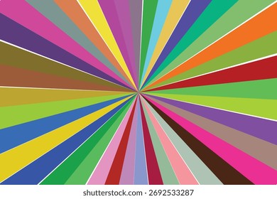 This image displays a vibrant abstract background characterized by a radial pattern of numerous colorful stripes. The stripes originate from a central point.