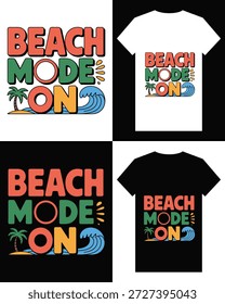 Esta Imagen muestra un vibrante diseño "beach mode on", tanto en estampado como en camisetas blancas y negras.