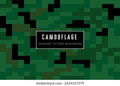 This image displays a vibrant, pixelated camouflage pattern in various shades of green and black, with subtle hints of brown.