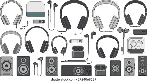 Esta Imagen muestra una amplia variedad de equipos de audio y auriculares dispuestos sobre un fondo blanco limpio. La colección incluye diferentes tipos de auriculares, auriculares, altavoces, micrófonos y otros dispositivos de audio. La ilustración muestra una gama de productos que satisfacen diversas necesidades de audio, desde la escucha casual hasta aplicaciones profesionales. La Imagen parece ser un catálogo o un escaparate de varios equipos de audio.