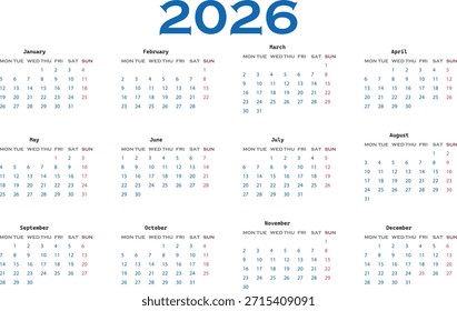 Dieses Bild zeigt einen Jahreskalender für das Jahr 2026. Sie umfasst alle zwölf Monate, beginnend mit Januar und endend mit Dezember. Jeder Monat ist in einem Raster angeordnet, das die Wochentage und die Daten anzeigt. Der Kalender markiert Wochentage und Wochenenden und enthält die Tage des Monats deutlich markiert.