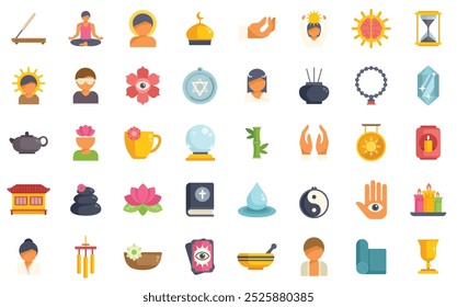 This image is a diverse set of colorful icons, representing various aspects of yoga, meditation, and spiritual healing practices