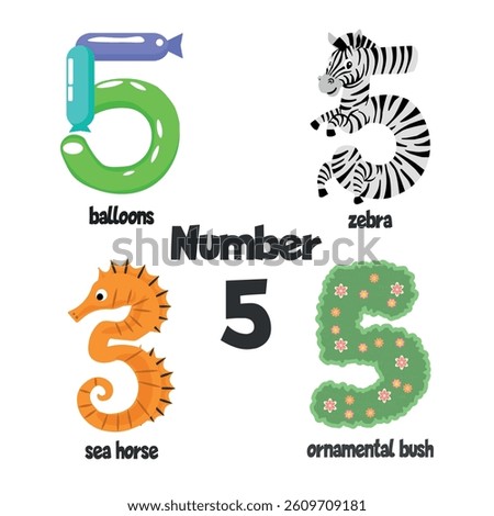 This image is an educational illustration with the number 5 in the center. The peculiarity of the image is that the objects drawn have the shape of the number 5