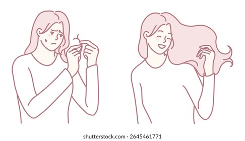 Esta imagem efetivamente ilustra duas emoções contrastantes que estão profundamente relacionadas ao cuidado com o cabelo e autoconfiança