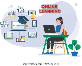This image is for electrical learning or E-learning. Students can do class from home. Modern technology gives the opportunity to learn online and to join online classes with computer using internet.