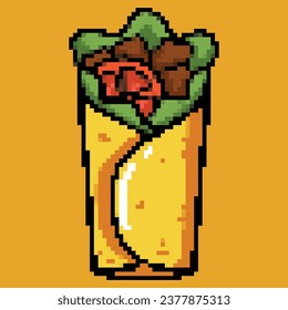 This image is an enchanting illustration of a burrito in a colorful vector pixel art style. The burrito appears fresh and delicious with captivating, vibrant colors.