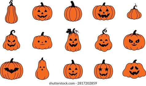 This image features 15 orange Halloween pumpkins with various carved faces on a plain white background, creating a spooky and festive atmosphere.