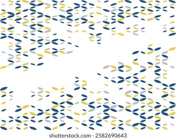 This image features an abstract decorative pattern with small leaf-like elements scattered around the edges, creating a natural frame effect. The color palette consists of deep blue, golden yellow, an