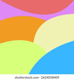 This image features an abstract design composed of large, overlapping, curved shapes in a warm and cheerful color palette. Here's a breakdown of the main elements:

Top section: A coral red curved sha