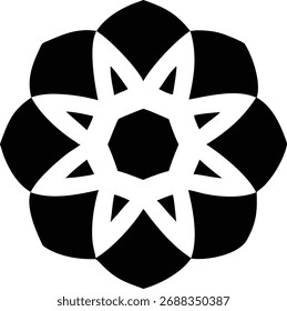 Esta imagem apresenta um padrão floral abstrato com formas geométricas. O design é simétrico e decorativo, isolado em um fundo branco, adequado para várias aplicações.