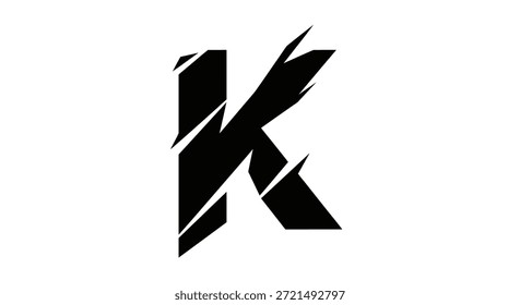 Esta Imagen presenta un diseño abstracto del logotipo de la letra 'K'. La letra está representada en un estilo moderno y geométrico, con una apariencia distorsionada y irregular. El atrevido diseño negro se destaca frente a un