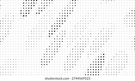 This image features an abstract, monochromatic design composed of a dense arrangement of dots and small squares. The elements vary in size and density, creating a textured, almost pixelated effect across the entire frame. Some areas show a higher concentration of larger dots, forming subtle shapes or gradients, while other sections are filled with smaller, more uniform dots. The overall impression is one of digital art or a graphic design element with a retro, low-resolution aesthetic.