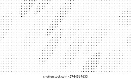 This image features an abstract, monochromatic design with a white background. The surface is densely populated with countless small black dots, varying in size and density across the frame. These dots are arranged in a somewhat irregular, grid-like pattern, creating a textured and pixelated appearance. Some areas show a higher concentration of dots, forming darker patches, while others are sparser, allowing the white background to dominate. The overall effect is reminiscent of a halftone print or a digital glitch, offering a minimalist yet visually engaging composition.