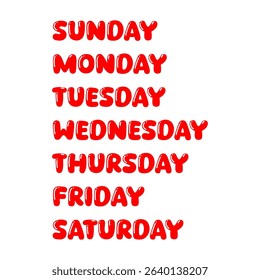 This image features all seven days of the week written vertically in a bold, playful red font on a clean white background. Suitable for calendars, planners, and scheduling materials.