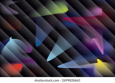 This image features angled stripes that overlay abstract shapes in varied luminous colors; red, yellow, blue, pink and purple, creating an interesting, modern visual experience.