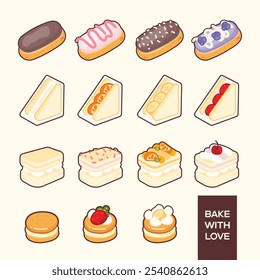 This image features an array of sweet treats, including eclairs, fruit-filled sandwiches, and layered cakes topped with fruits and cream. Each item is charmingly decorated, making the desserts look in