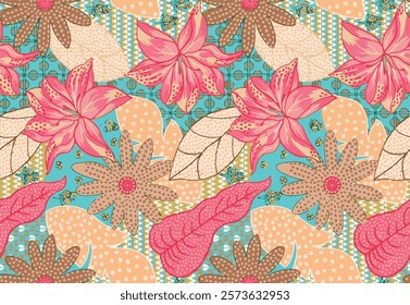 This image features a background pattern that showcases a floral motif. It is designed with vibrant colors and intricate details, making it ideal for fabric, clothing, or wrapping paper. 