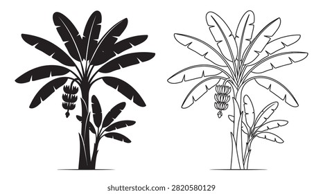 This image features a banana tree with fruit, presented as a black silhouette against a white background. The distinctive silhouette