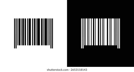 Esta imagem apresenta ilustrações de código de barras com listras verticais em preto e branco. Eles são apresentados contra fundos pretos e brancos contrastantes