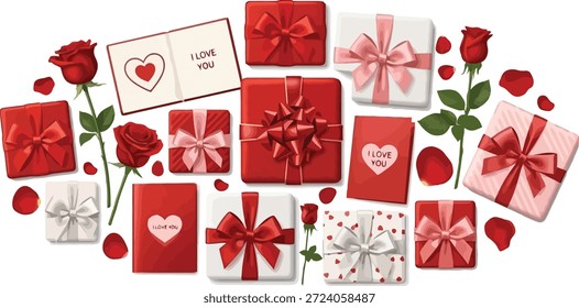 This image features a beautiful arrangement of Valentine's Day gifts and roses on a white background. The gifts are wrapped in various shades of red and pink paper with elegant bows and ribbons. Several long-stemmed roses and rose petals are scattered among the gifts adding to the romantic ambiance. A few Valentine's Day cards are also included with heartfelt messages like 'Love You' and a heart symbol. The overall composition exudes a sense of love and affection making it perfect for Valentine's Day celebrations.