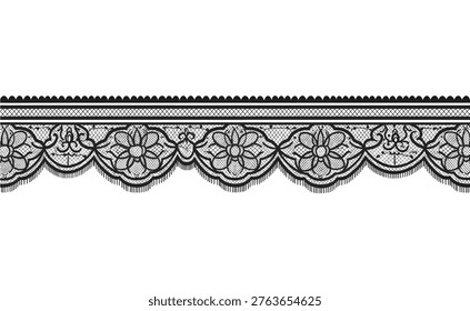 This image features a beautiful black and white lace trim with intricate floral patterns, perfect for use in fashion, textile, or craft design projects, evoking a sense of elegance and sophistication.