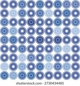 Esta Imagen presenta un hermoso patrón floral azul con flores repetitivas de estallido estelar dispuestas en una cuadrícula. Las flores están uniformemente espaciadas creando un diseño armonioso y equilibrado. El patrón se establece sobre un fondo transparente, lo que lo hace ideal para varias aplicaciones de diseño. Las flores se representan en tonos de azul que van desde la luz hasta la oscuridad, agregando profundidad e interés visual a la composición general