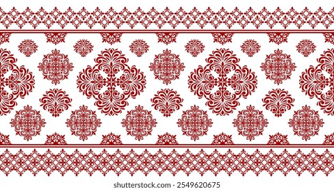 This image features a beautiful damask pattern in red and white. The intricate design showcases swirls, flourishes, and stylized flowers, creating a sense of elegance and symmetry. This pattern is ver