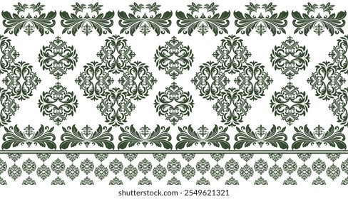 This image features a beautiful damask pattern in green and white. The intricate design showcases swirls, flourishes, and stylized flowers, creating a sense of elegance and symmetry. This pattern is v