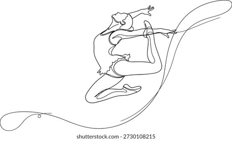 This image features a beautiful line art illustration of a woman in a dynamic pose, showcasing her flowing hair and clothing. The minimalist black lines against a white background create a striking visual effect, emphasizing the grace and fluidity of the subject's movement.