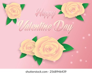 This image features a beautiful pink gradient background adorned with soft white and yellow roses framed by vibrant green leaves. The centerpiece of the design is the elegant text "Happy Valentine Day