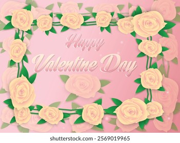 This image features a beautiful pink gradient background adorned with soft white and yellow roses framed by vibrant green leaves. The centerpiece of the design is the elegant text "Happy Valentine Day