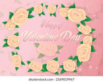 This image features a beautiful pink gradient background adorned with soft white and yellow roses framed by vibrant green leaves. The centerpiece of the design is the elegant text "Happy Valentine Day