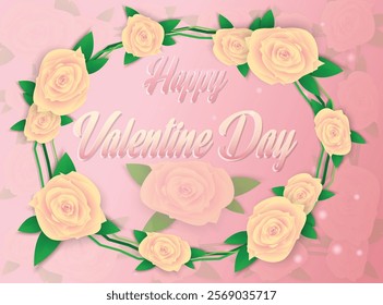 This image features a beautiful pink gradient background adorned with soft white and yellow roses framed by vibrant green leaves. The centerpiece of the design is the elegant text "Happy Valentine Day