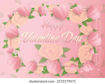 This image features a beautiful pink gradient background adorned with soft white and yellow roses framed by vibrant green leaves. The centerpiece of the design is the elegant text "Happy Valentine Day