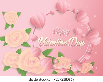 This image features a beautiful pink gradient background adorned with soft white and yellow roses framed by vibrant green leaves. The centerpiece of the design is the elegant text "Happy Valentine Day