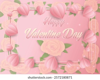 This image features a beautiful pink gradient background adorned with soft white and yellow roses framed by vibrant green leaves. The centerpiece of the design is the elegant text "Happy Valentine Day