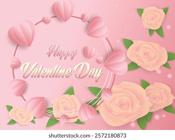 This image features a beautiful pink gradient background adorned with soft white and yellow roses framed by vibrant green leaves. The centerpiece of the design is the elegant text "Happy Valentine Day